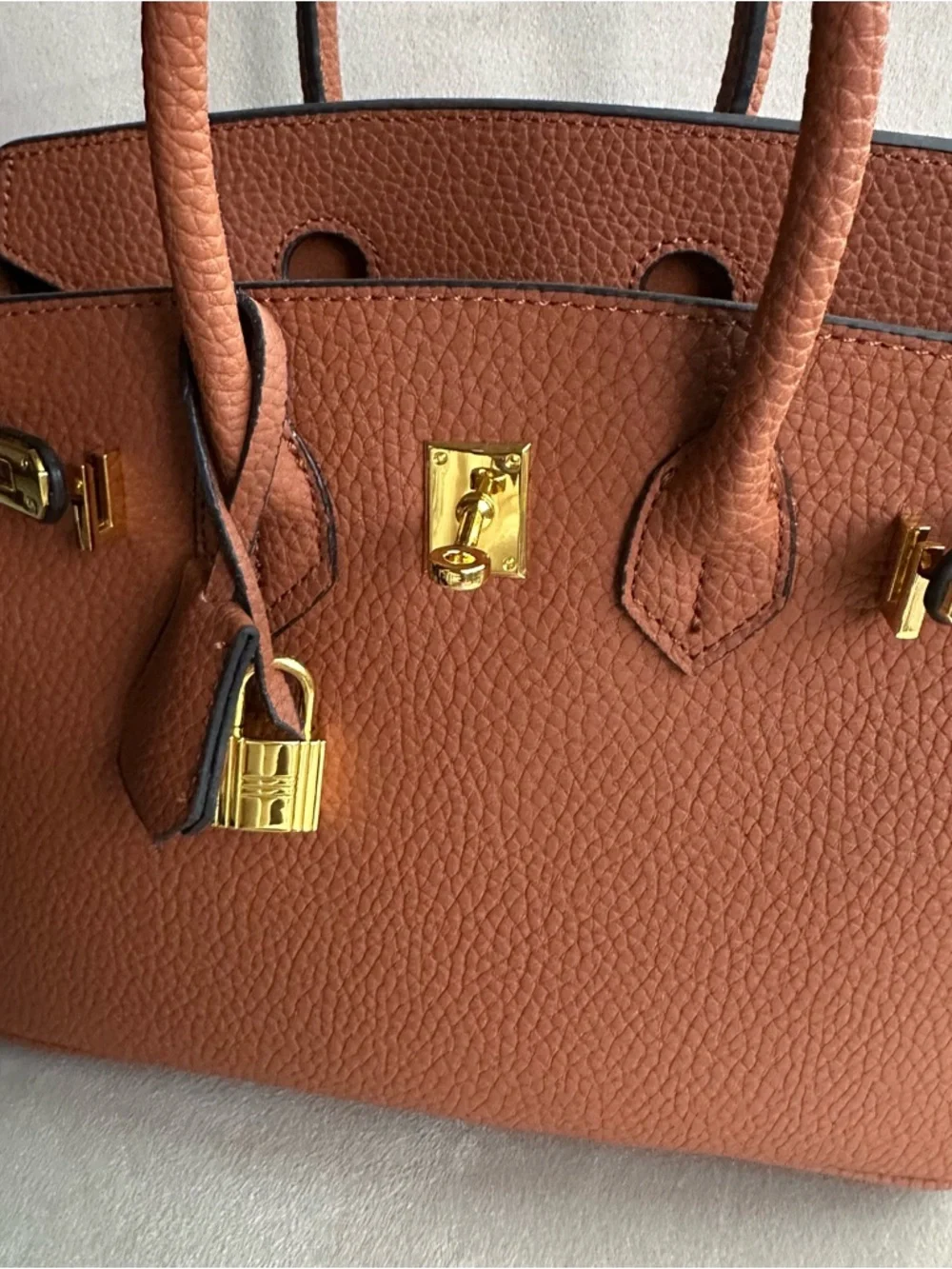 Caramel Structured Top Handle Bag | Gold Hardware | Chic Classic Style - Picture 17 of 17